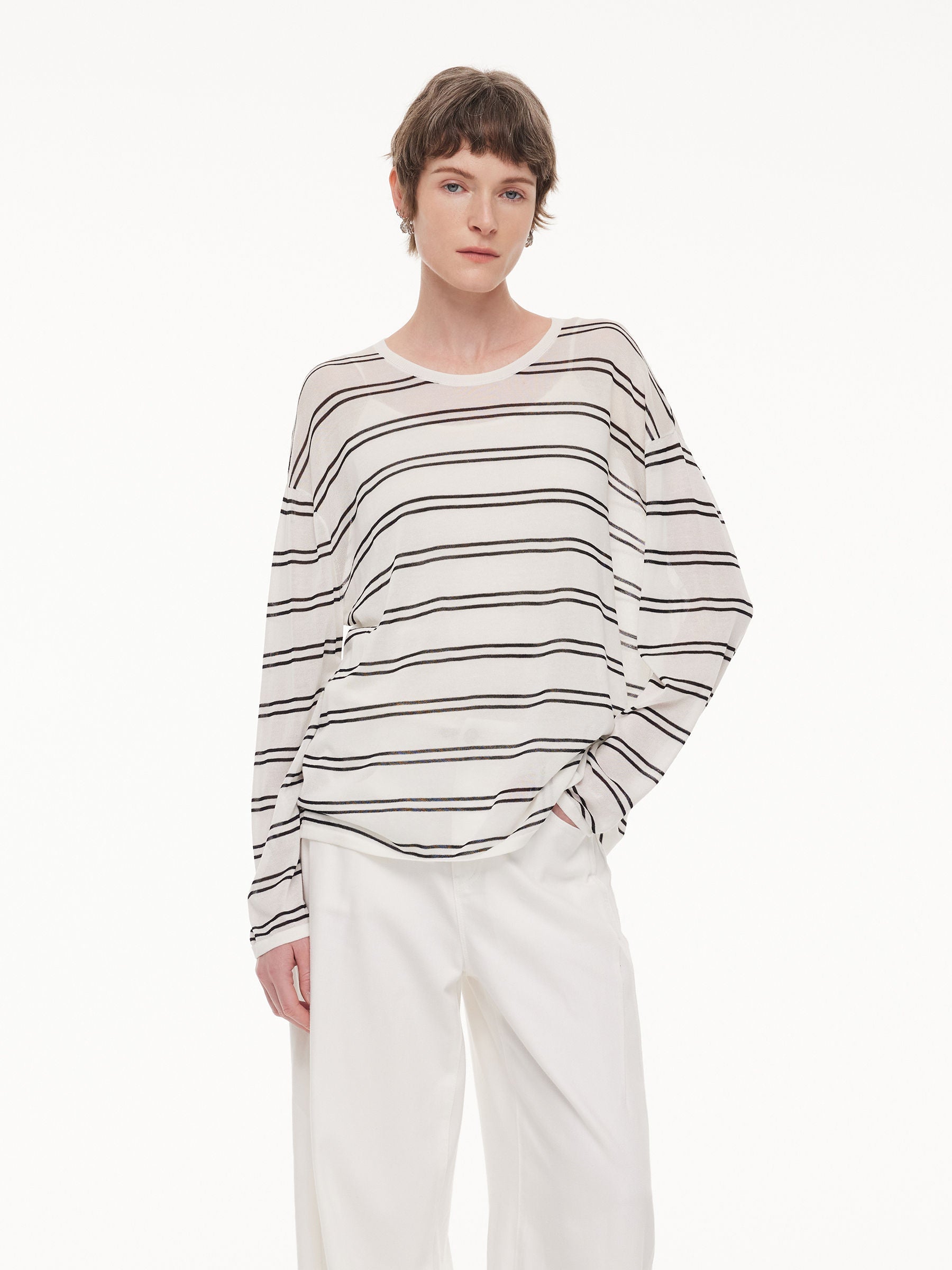 Lyocell Mulberry Silk Blend Stripe Women Knit Top GOELIA