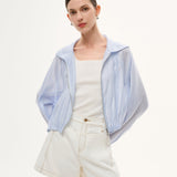Tencel Acetate Linen Blend Women Zip-Up Hooded Cropped Jacket GOELIA