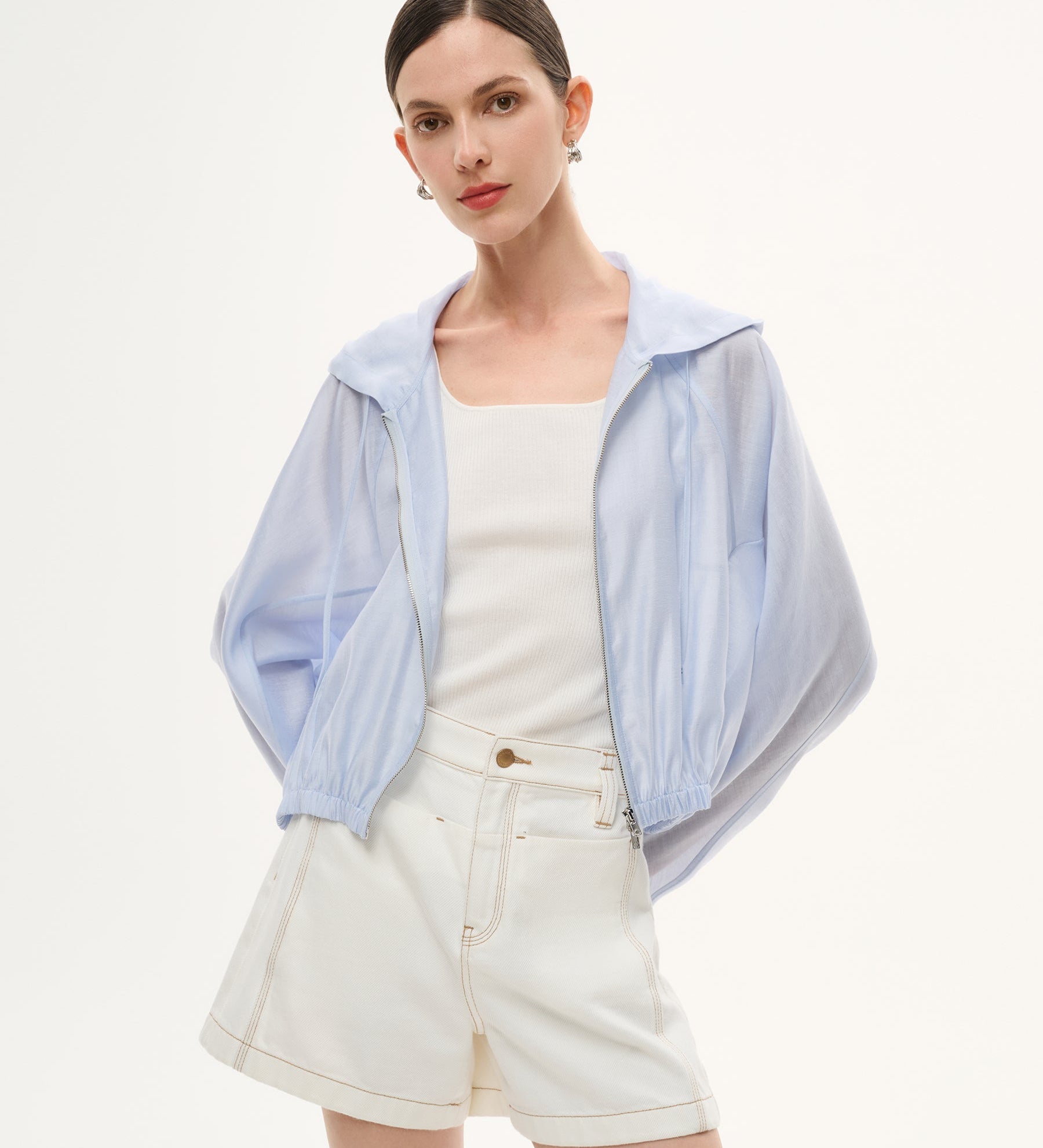 Tencel Acetate Linen Blend Women Zip-Up Hooded Cropped Jacket GOELIA