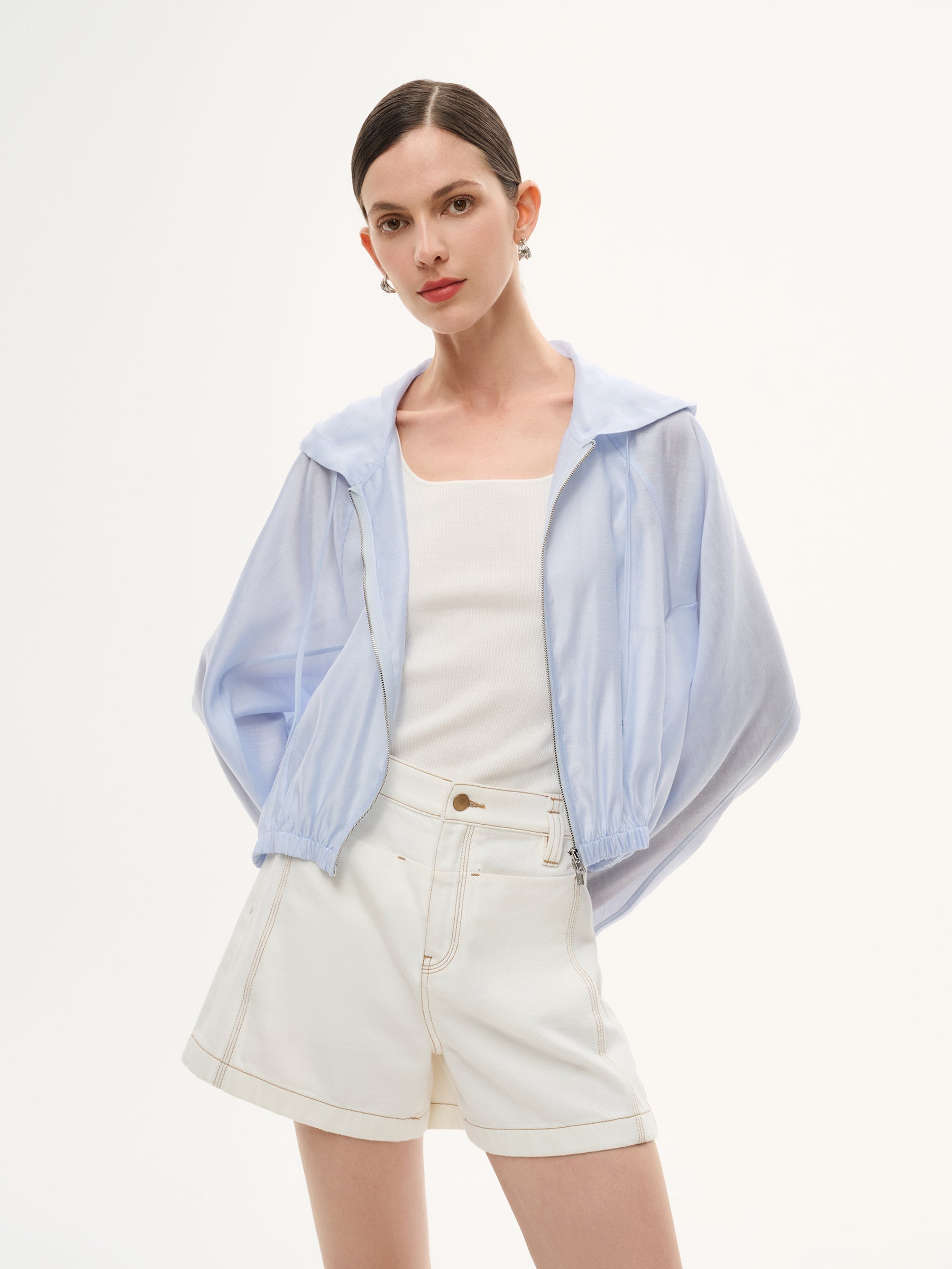 Tencel Acetate Linen Blend Women Zip-Up Hooded Cropped Jacket GOELIA