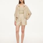 Tencel Acetate Linen Blend Women Zip-Up Hooded Cropped Jacket GOELIA