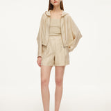 Tencel Acetate Linen Blend Women Zip-Up Hooded Cropped Jacket GOELIA