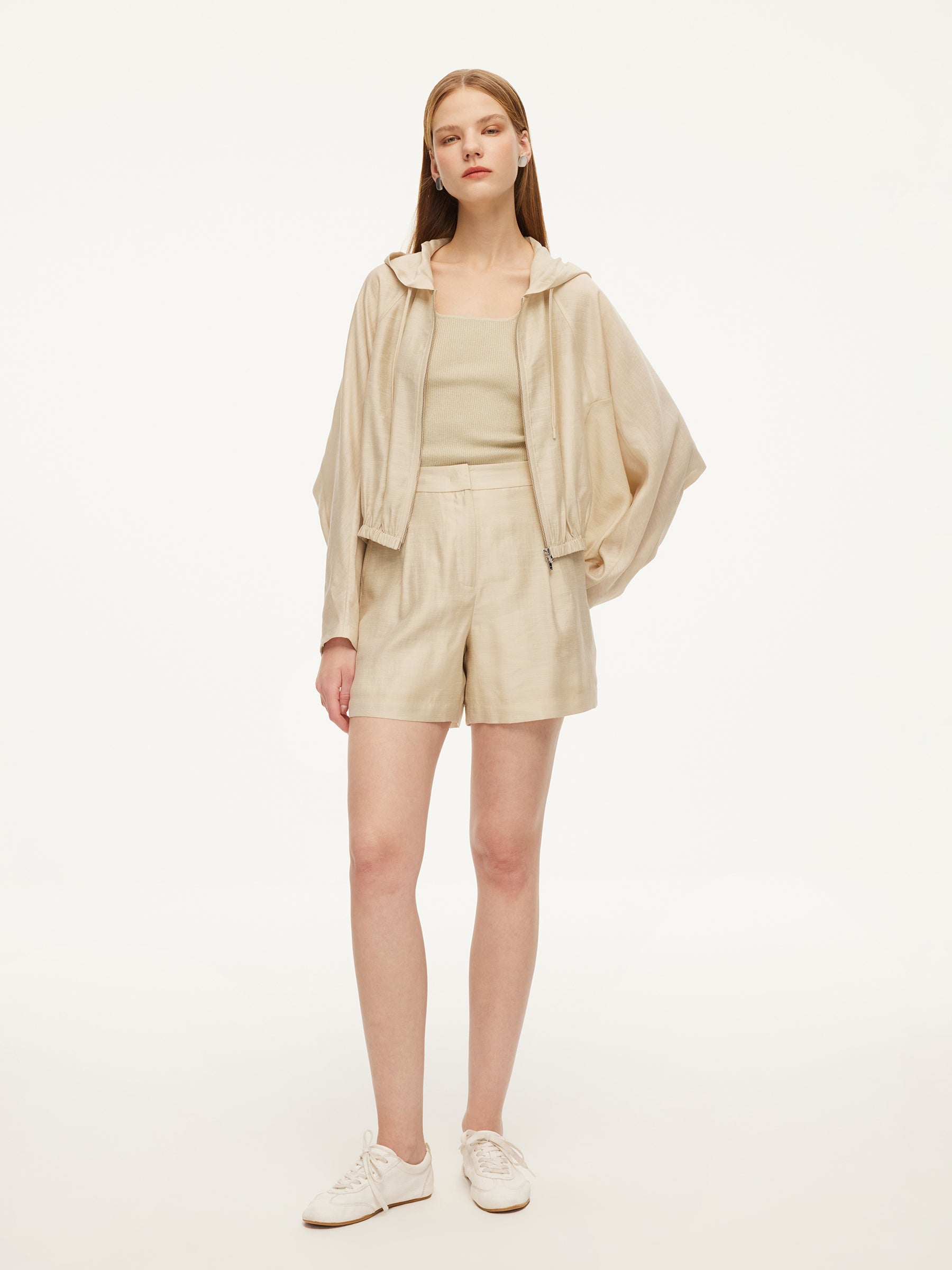 Tencel Acetate Linen Blend Women Zip-Up Hooded Cropped Jacket GOELIA