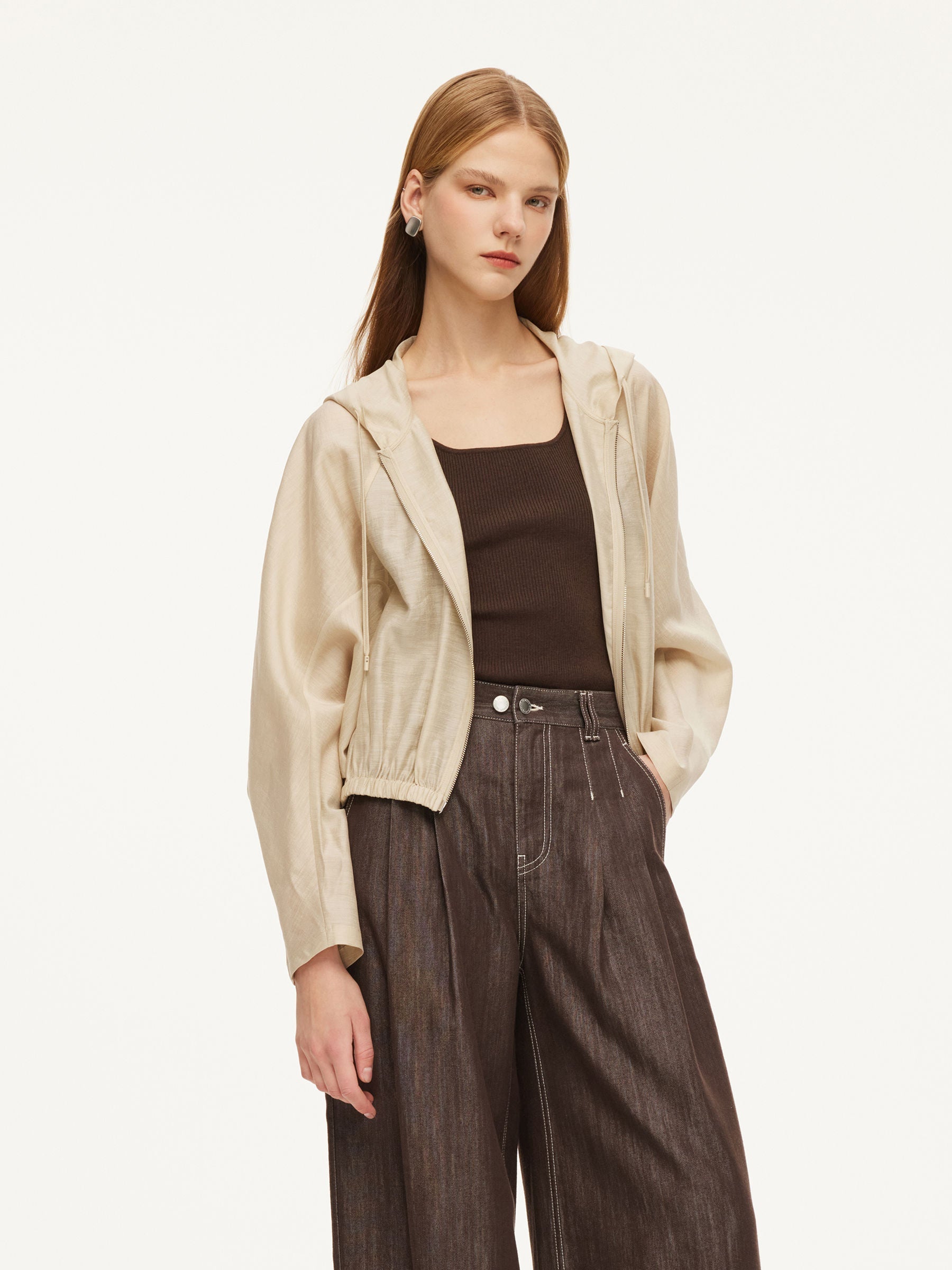 Tencel Acetate Linen Blend Women Zip-Up Hooded Cropped Jacket GOELIA