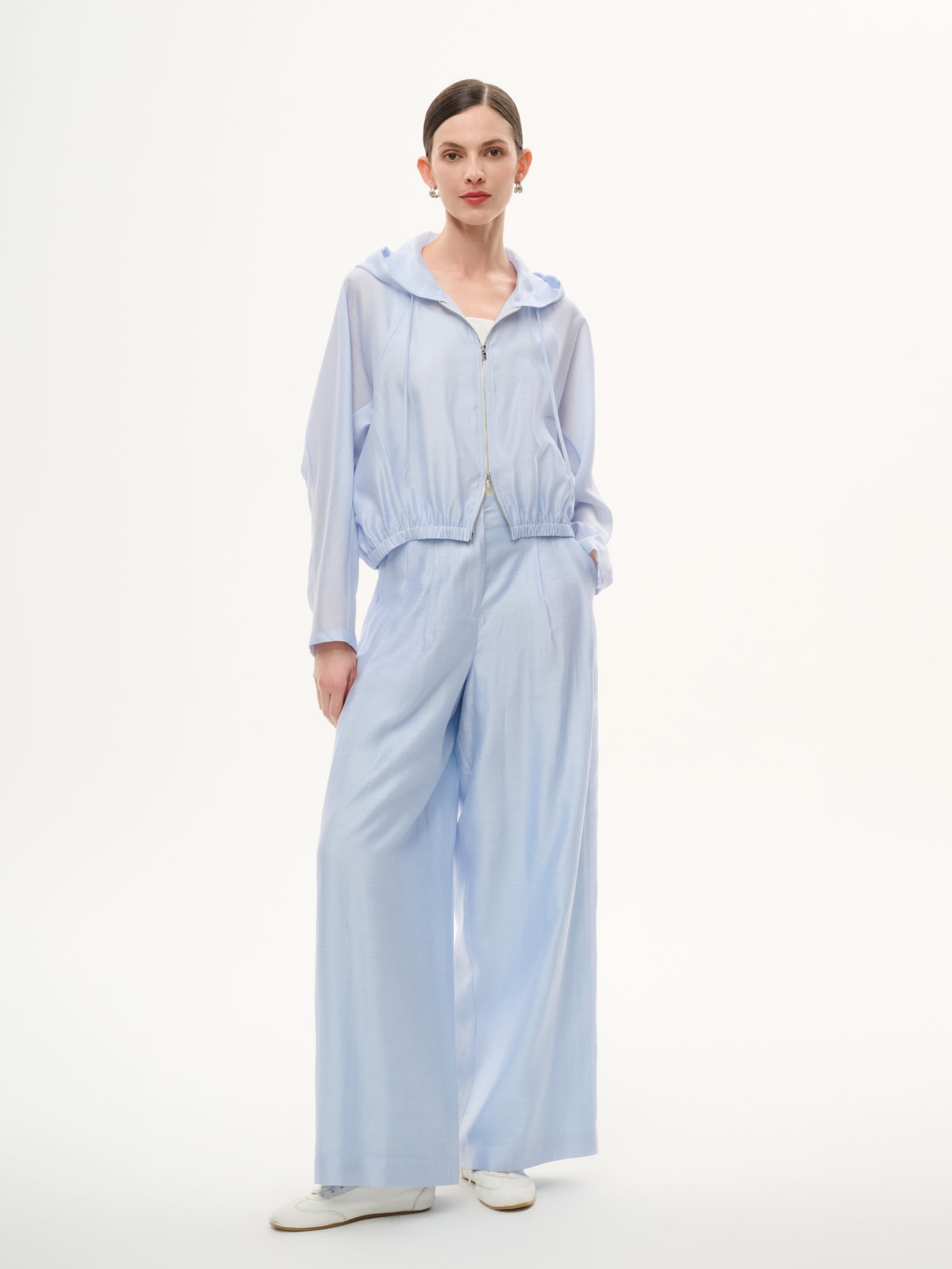 Tencel Acetate Linen Blend Women Zip-Up Hooded Cropped Jacket GOELIA