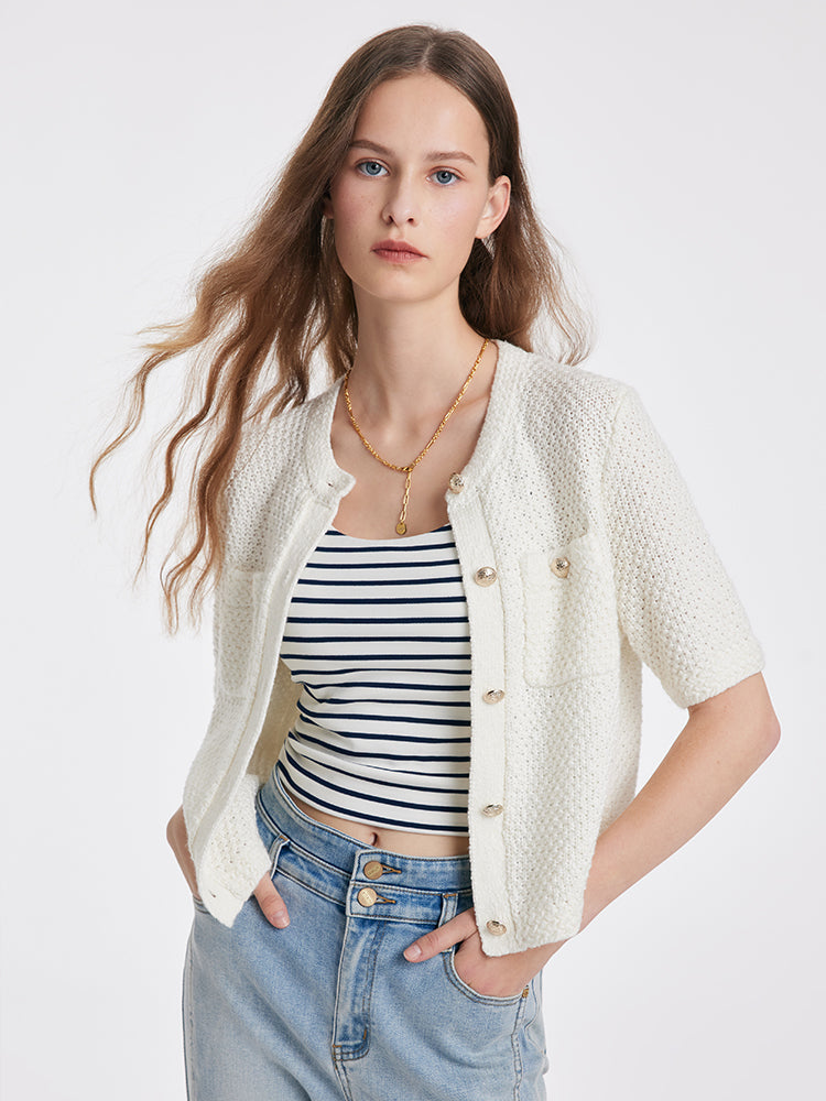 Openwork Round Neck Knitted Women Cardigan GOELIA