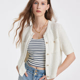 Openwork Round Neck Knitted Women Cardigan GOELIA