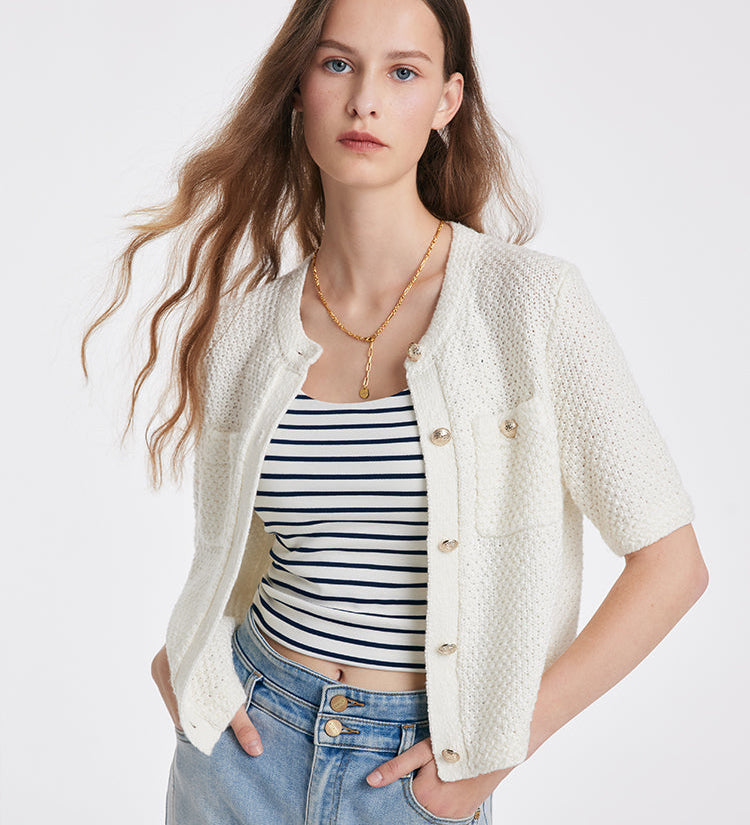 Openwork Round Neck Knitted Women Cardigan GOELIA