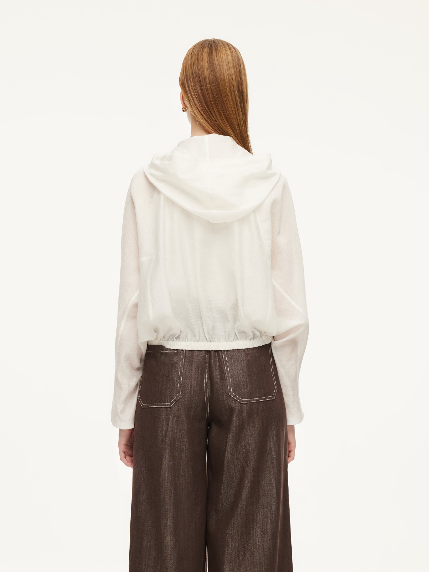 Tencel Acetate Linen Blend Women Zip-Up Hooded Cropped Jacket GOELIA