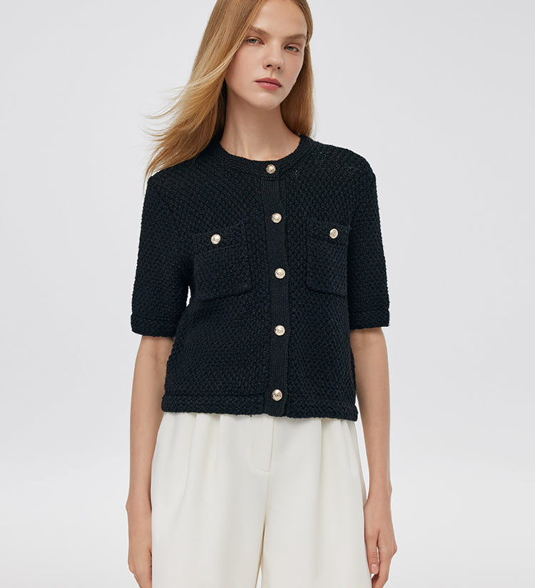Openwork Round Neck Knitted Women Cardigan GOELIA