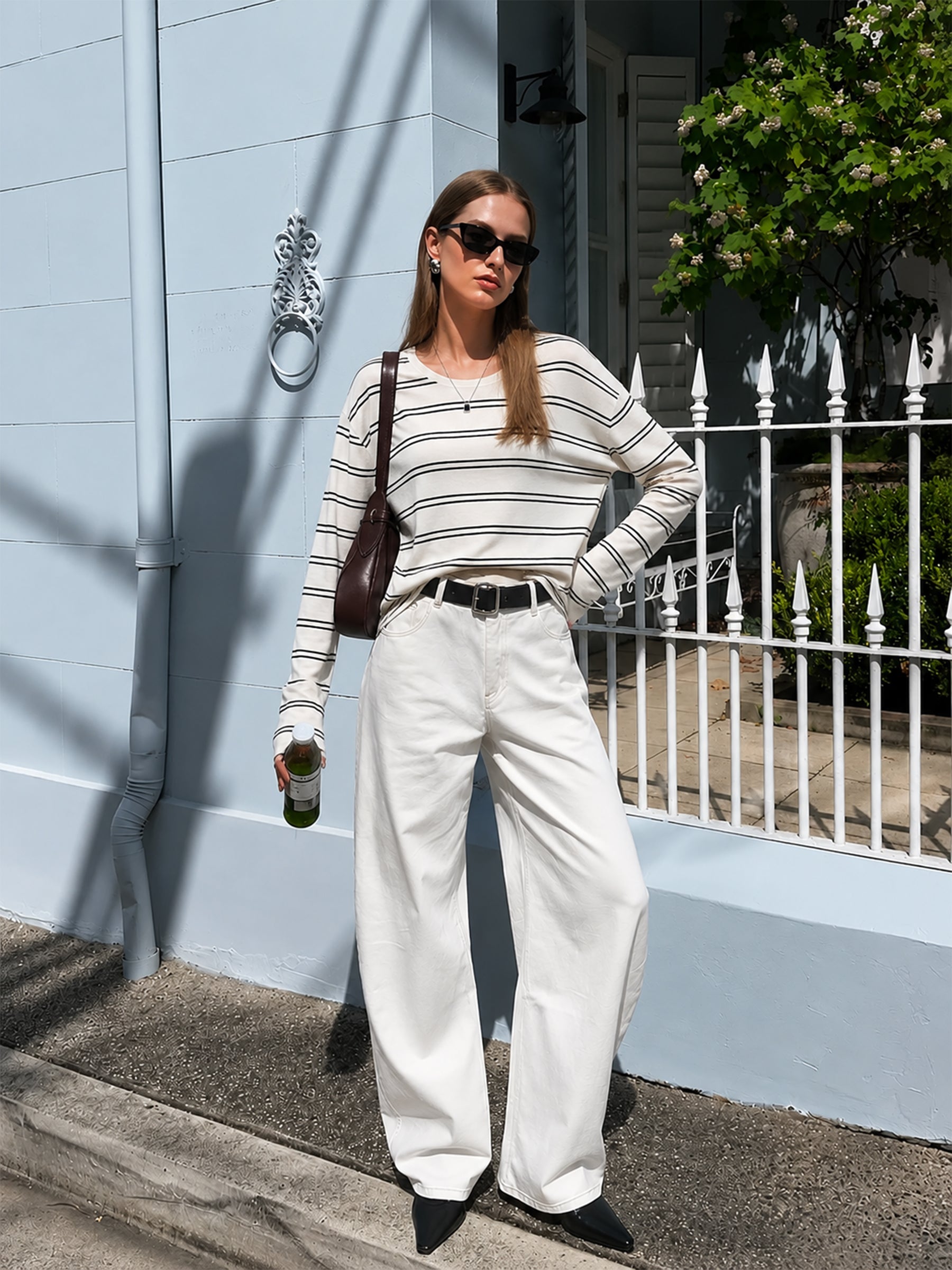 Lyocell Mulberry Silk Blend Stripe Women Knit Top GOELIA