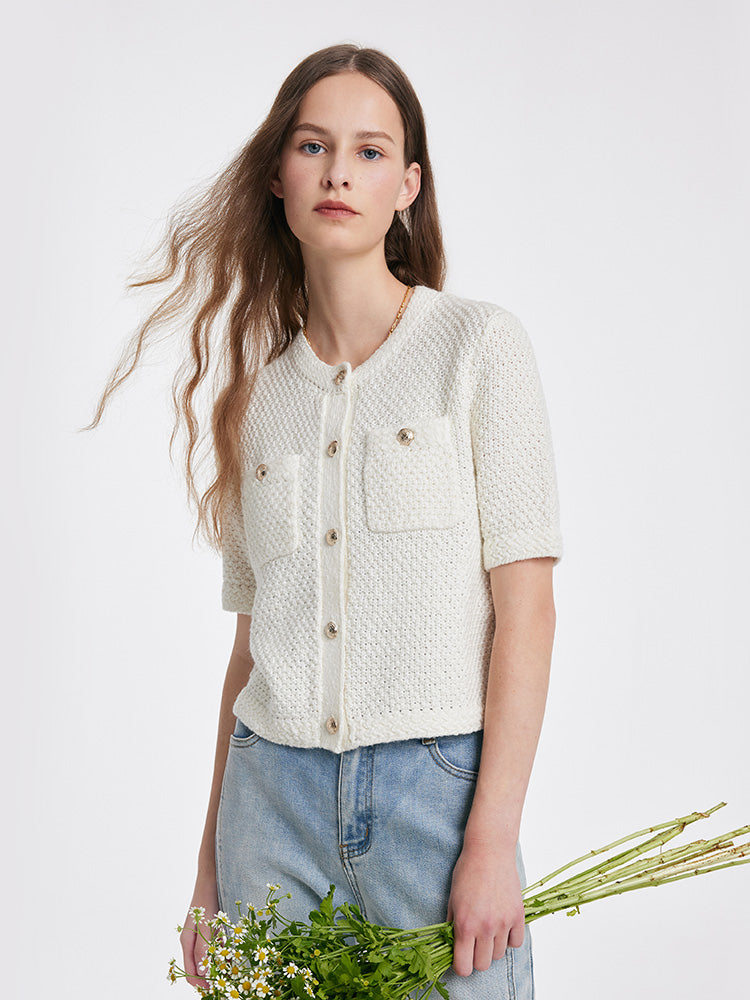 Openwork Round Neck Knitted Women Cardigan GOELIA