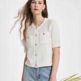 Openwork Round Neck Knitted Women Cardigan GOELIA