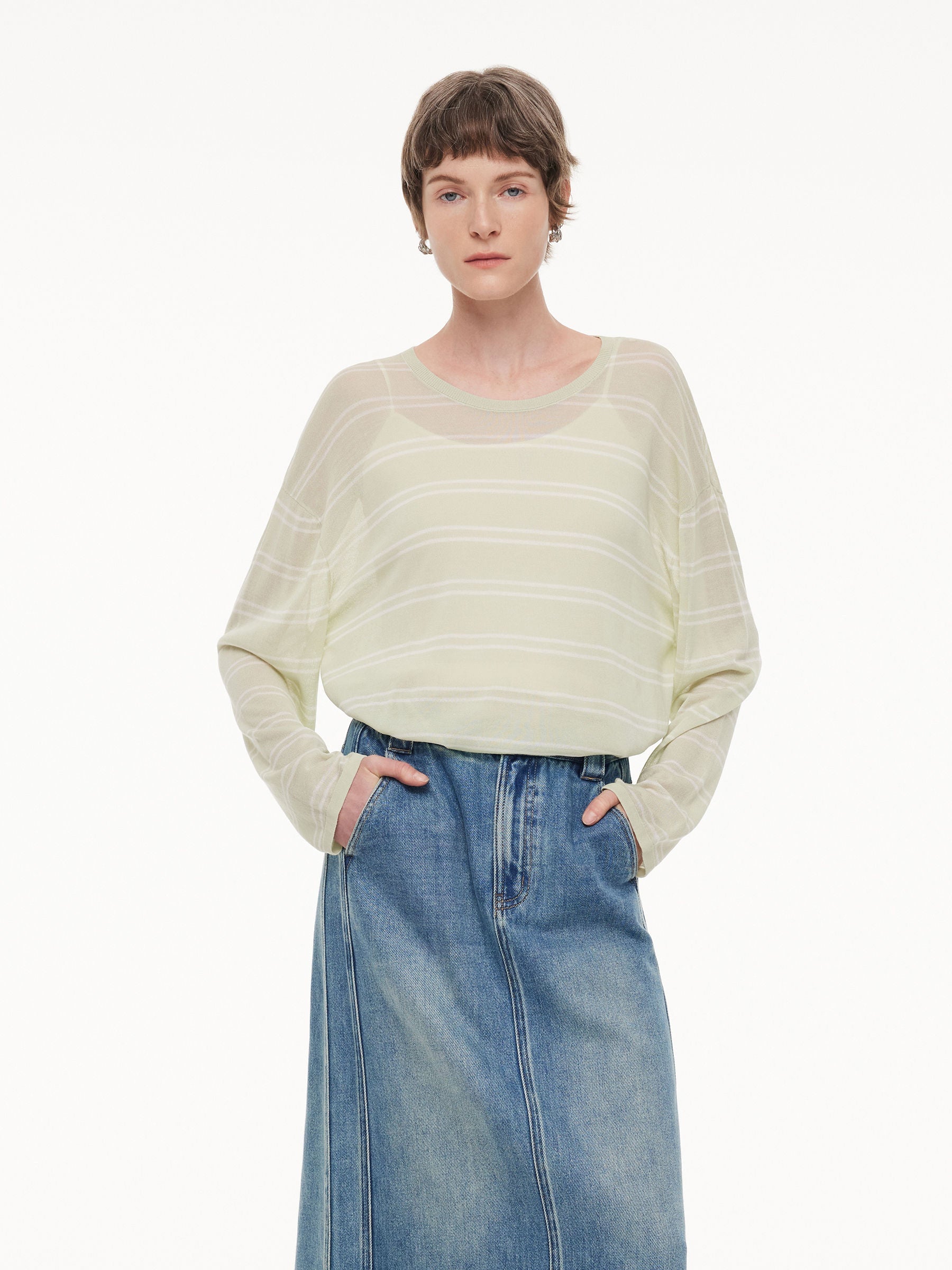 Lyocell Mulberry Silk Blend Stripe Women Knit Top GOELIA