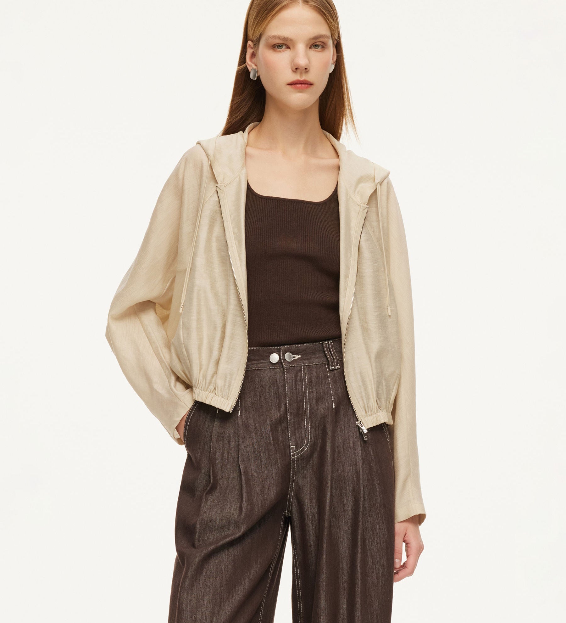 Tencel Acetate Linen Blend Women Zip-Up Hooded Cropped Jacket GOELIA