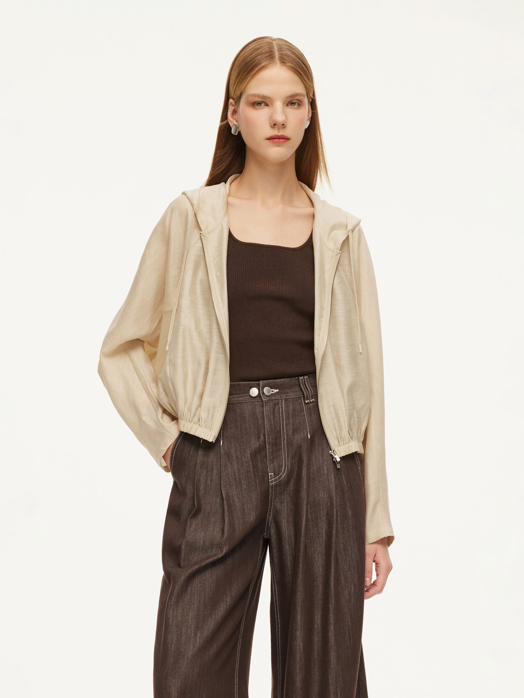 Tencel Acetate Linen Blend Women Zip-Up Hooded Cropped Jacket GOELIA