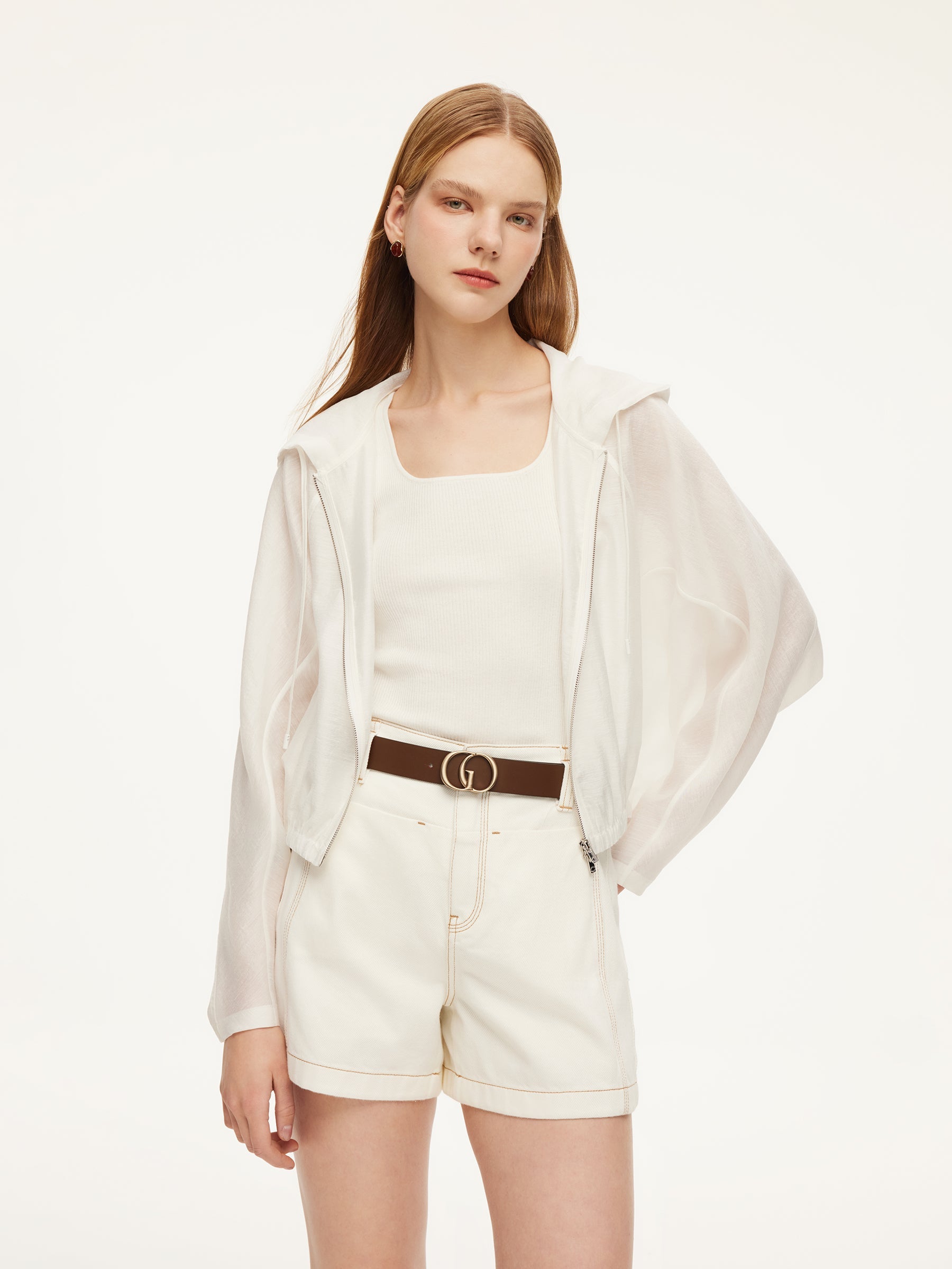 Tencel Acetate Linen Blend Women Zip-Up Hooded Cropped Jacket GOELIA