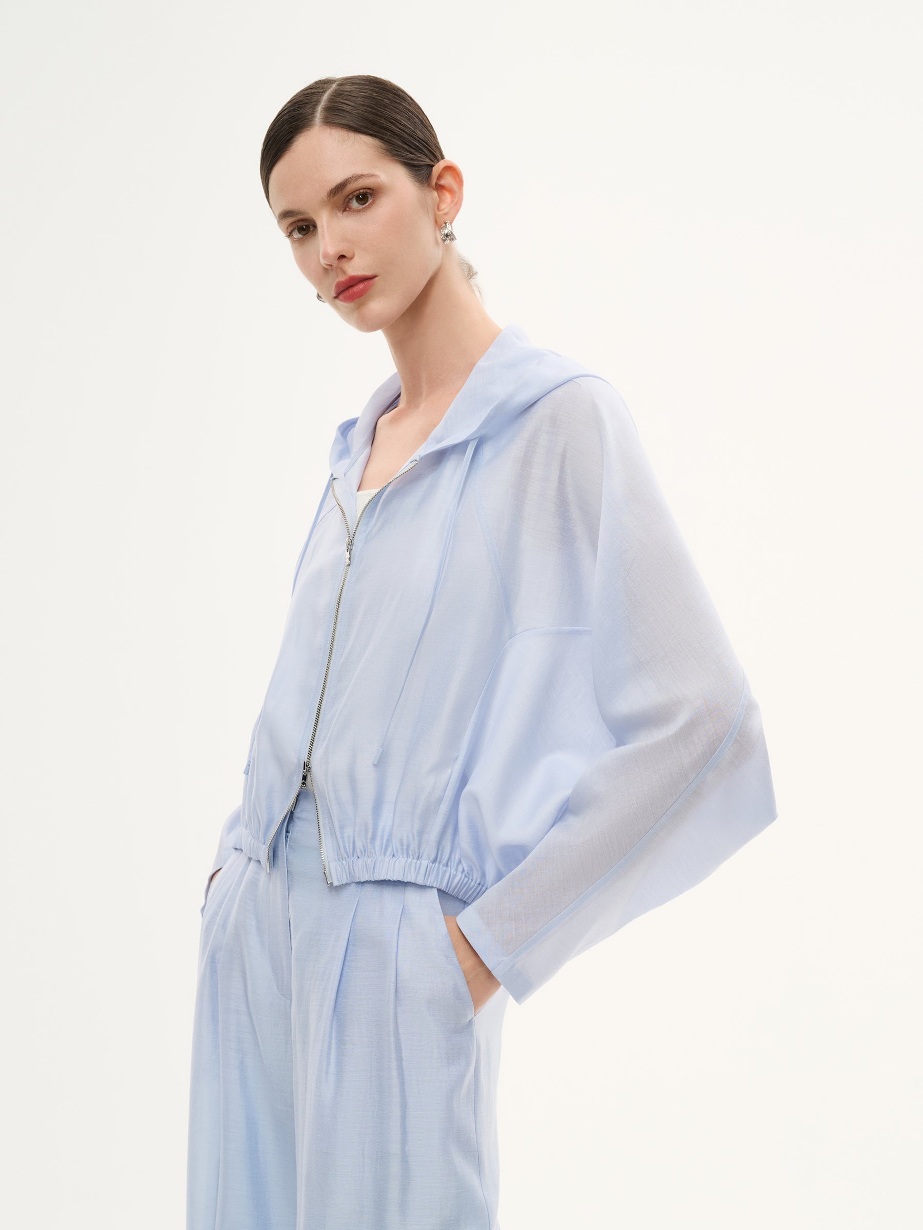 Tencel Acetate Linen Blend Women Zip-Up Hooded Cropped Jacket GOELIA