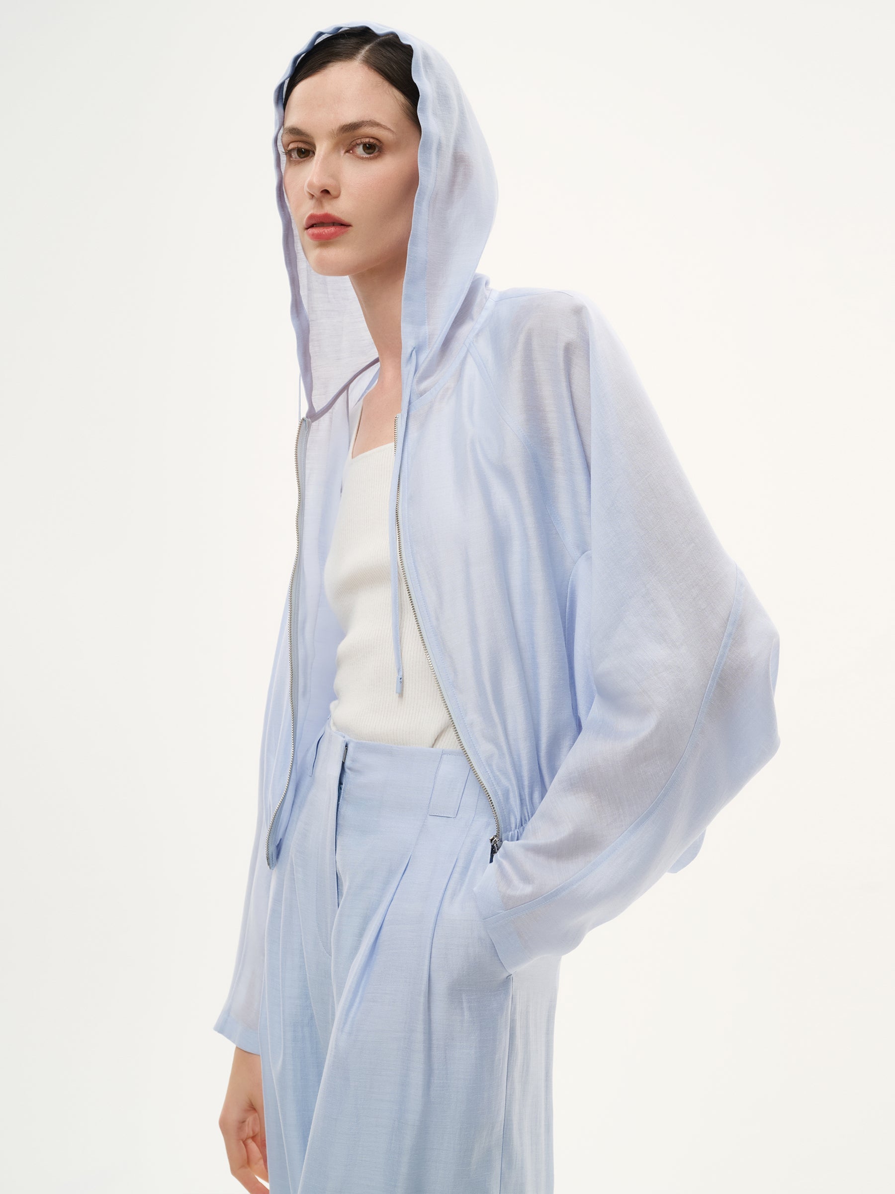 Tencel Acetate Linen Blend Women Zip-Up Hooded Cropped Jacket GOELIA