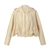 Tencel Acetate Linen Blend Women Zip-Up Hooded Cropped Jacket GOELIA