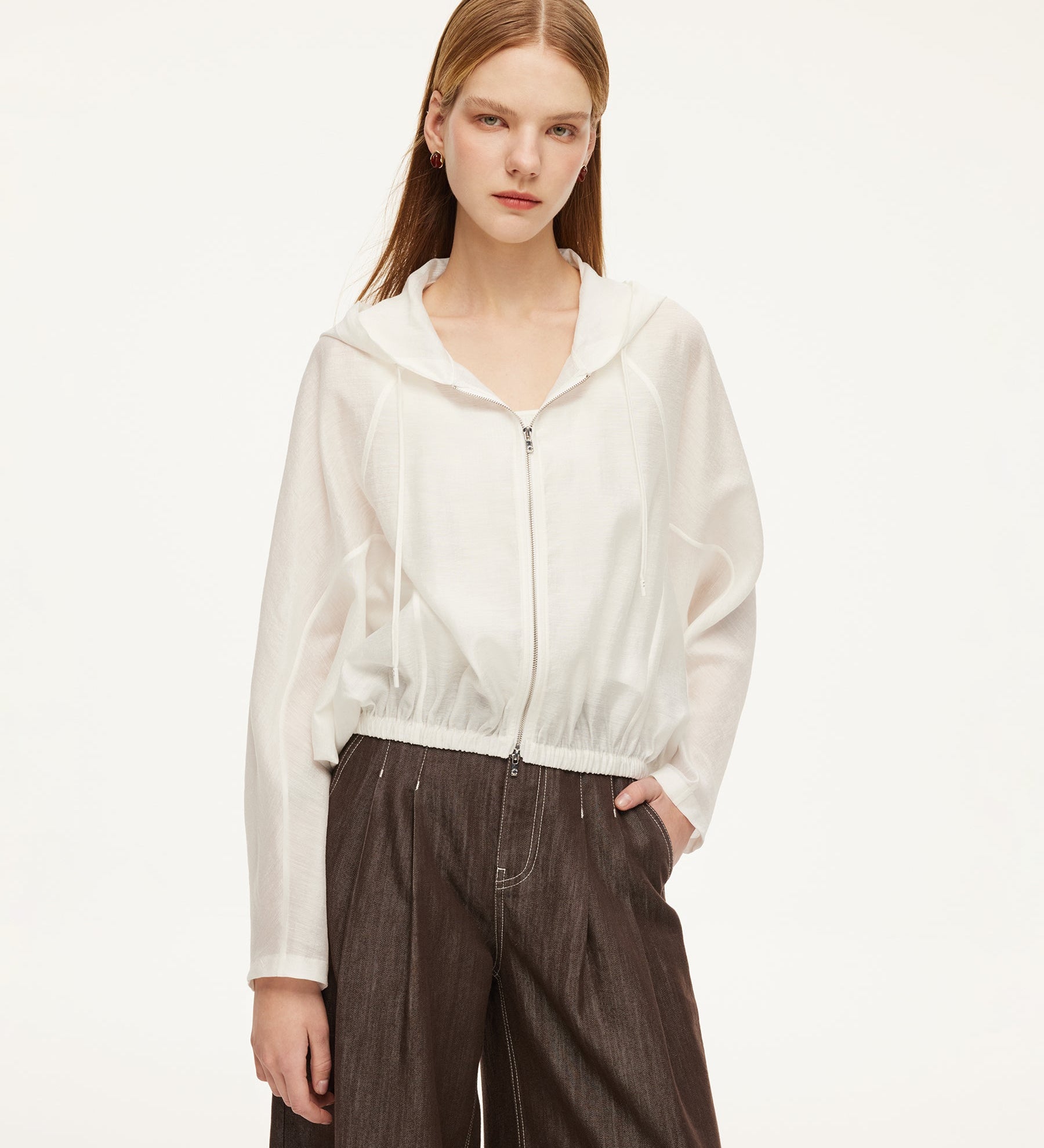 Tencel Acetate Linen Blend Women Zip-Up Hooded Cropped Jacket GOELIA