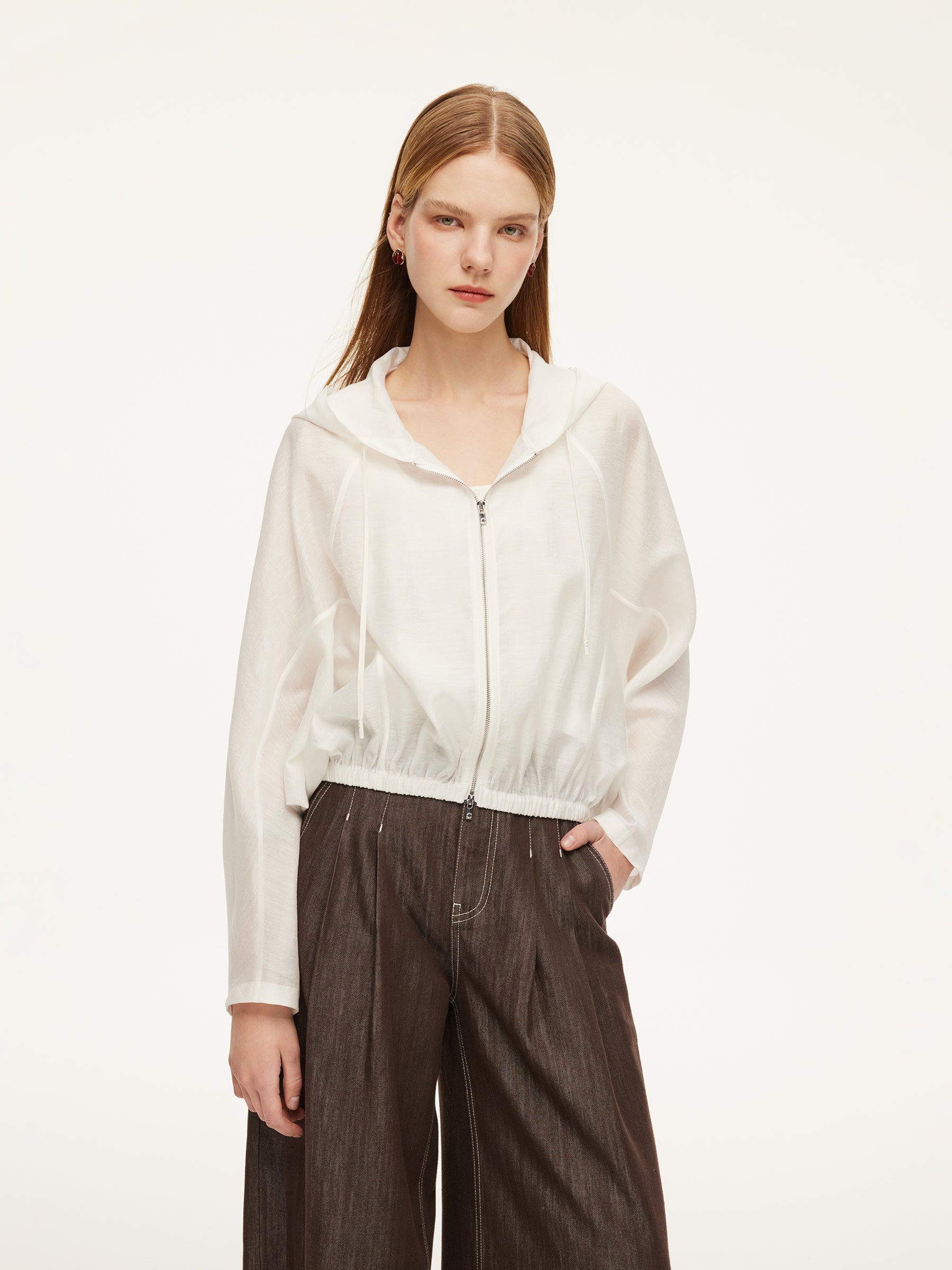 Tencel Acetate Linen Blend Women Zip-Up Hooded Cropped Jacket GOELIA