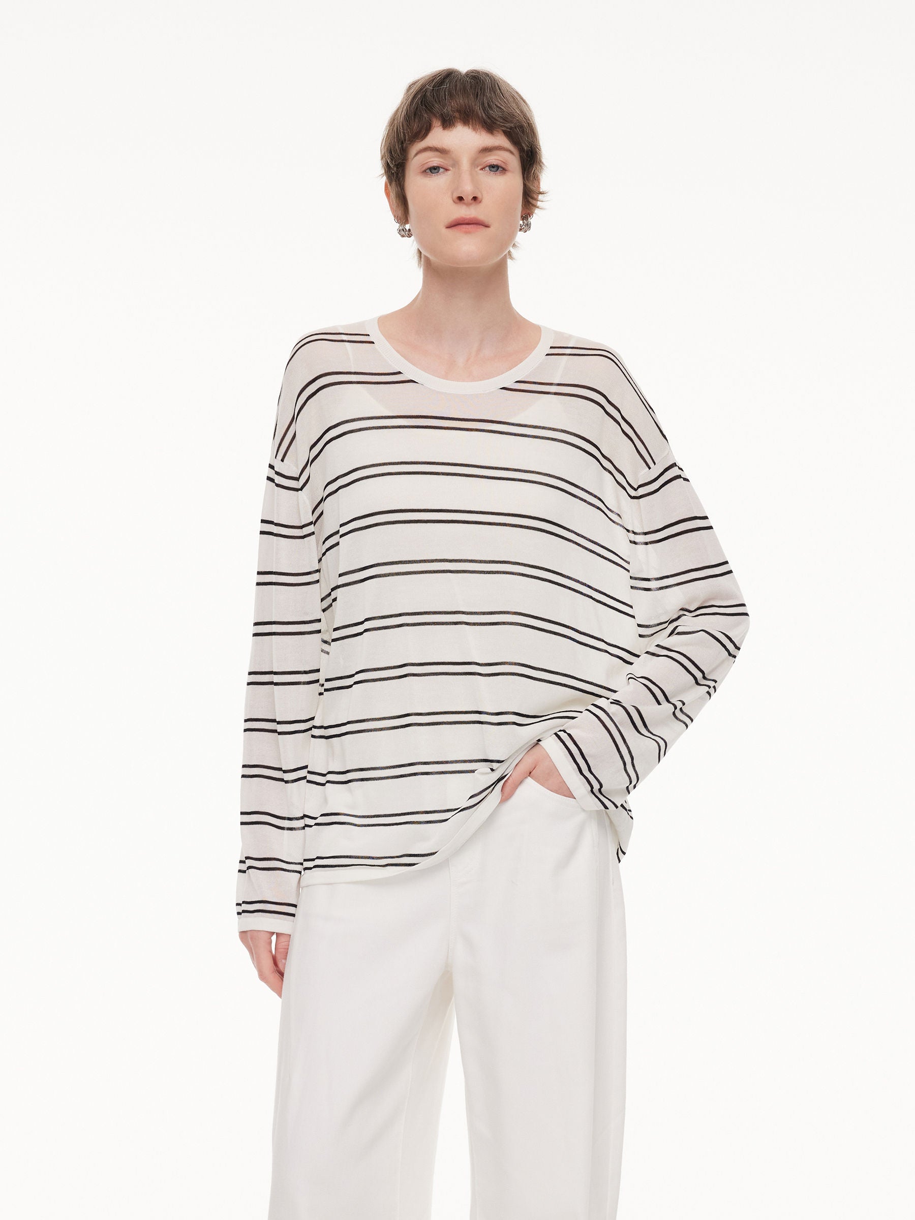 Lyocell Mulberry Silk Blend Stripe Women Knit Top GOELIA