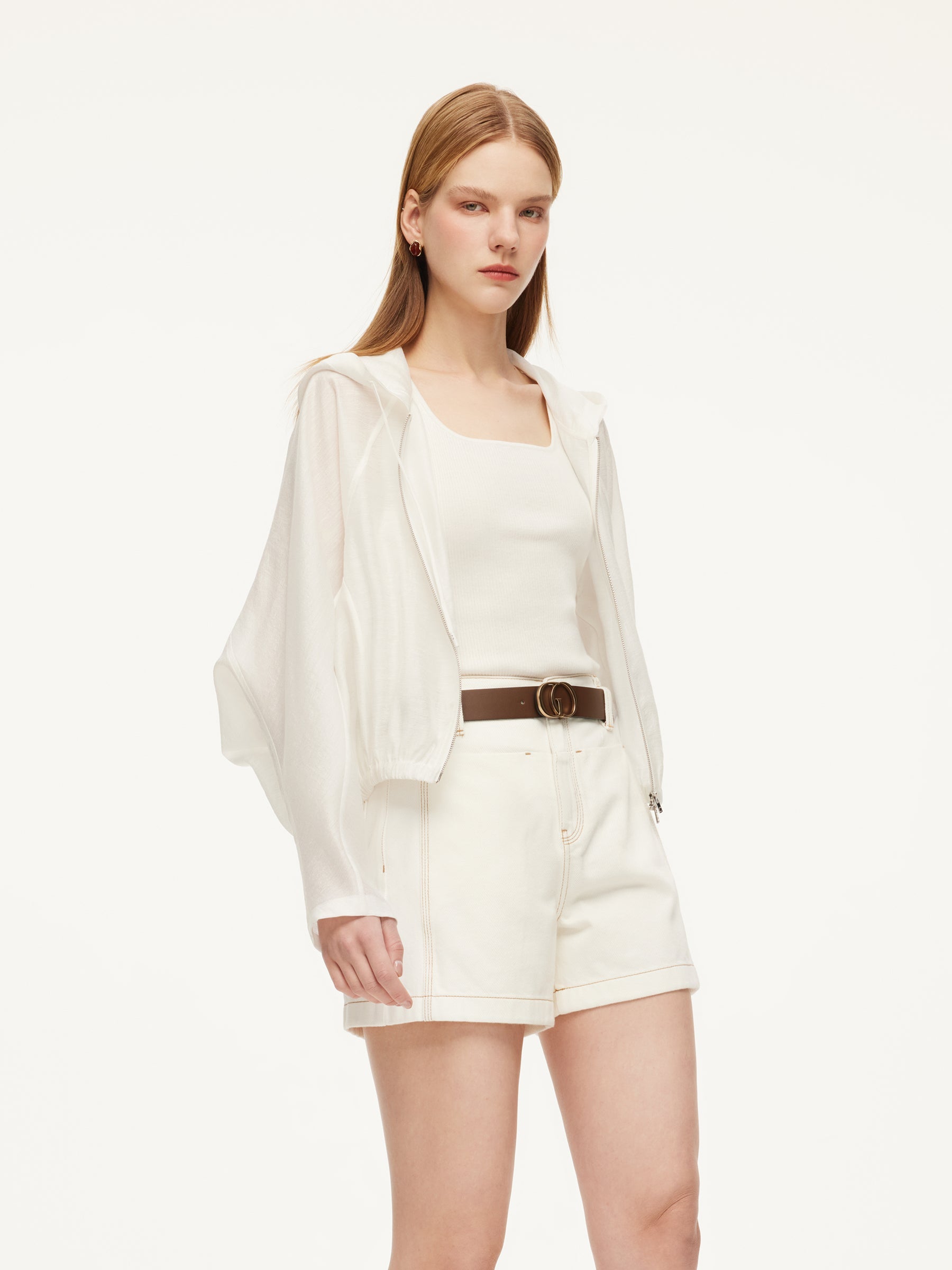 Tencel Acetate Linen Blend Women Zip-Up Hooded Cropped Jacket GOELIA