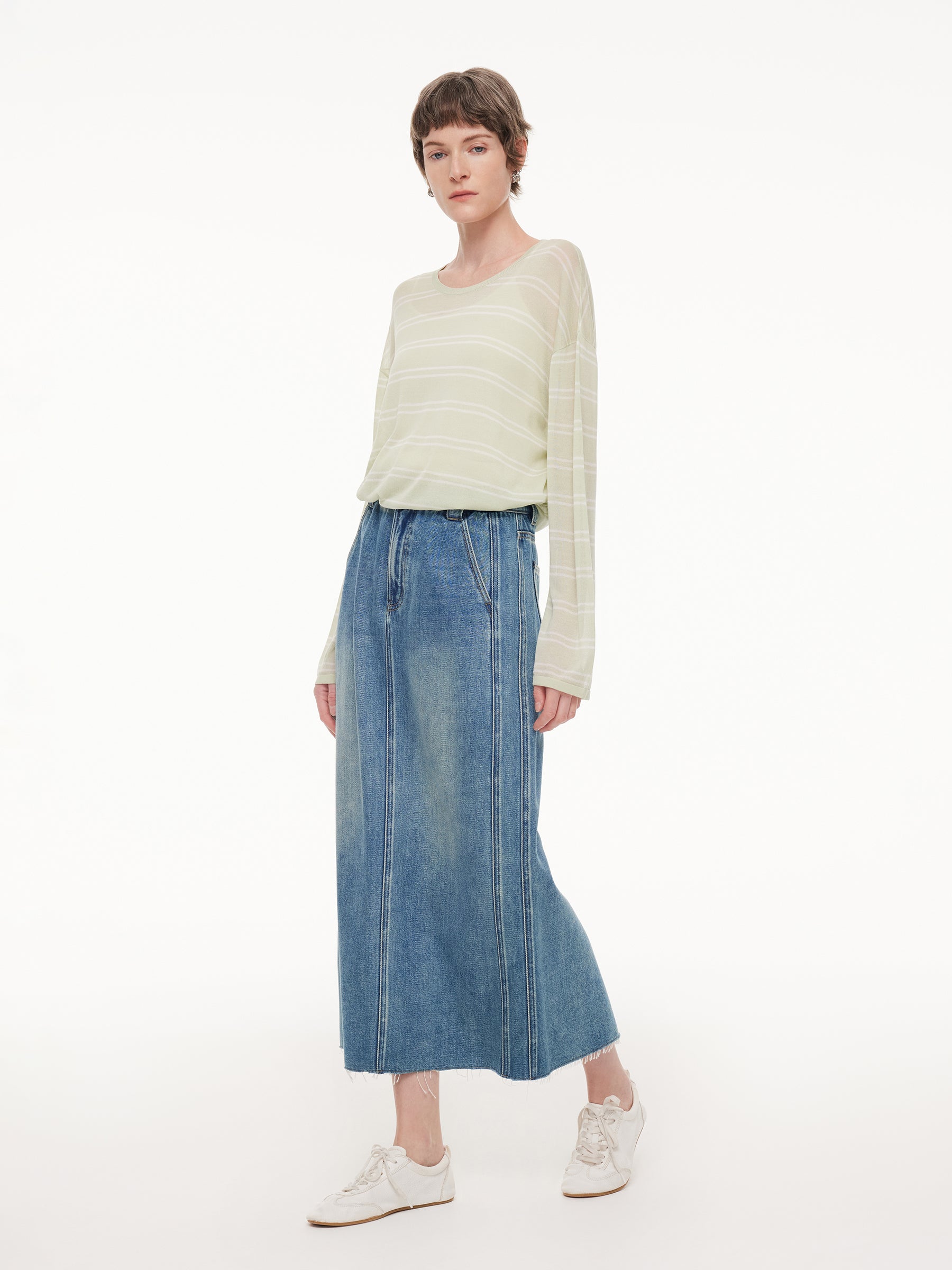 Lyocell Mulberry Silk Blend Stripe Women Knit Top GOELIA