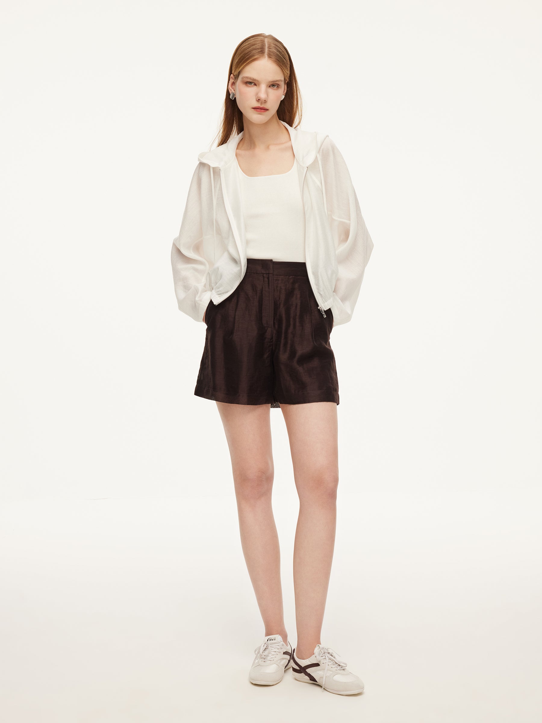 Tencel Acetate Linen Blend Women Zip-Up Hooded Cropped Jacket GOELIA