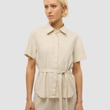 Leinen Set Sandfarben Beige Kurzarm Hemd & Relaxed Hose