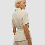 Leinen Set Sandfarben Beige Kurzarm Hemd & Relaxed Hose