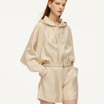 Tencel Acetate Linen Blend Women Zip-Up Hooded Cropped Jacket GOELIA
