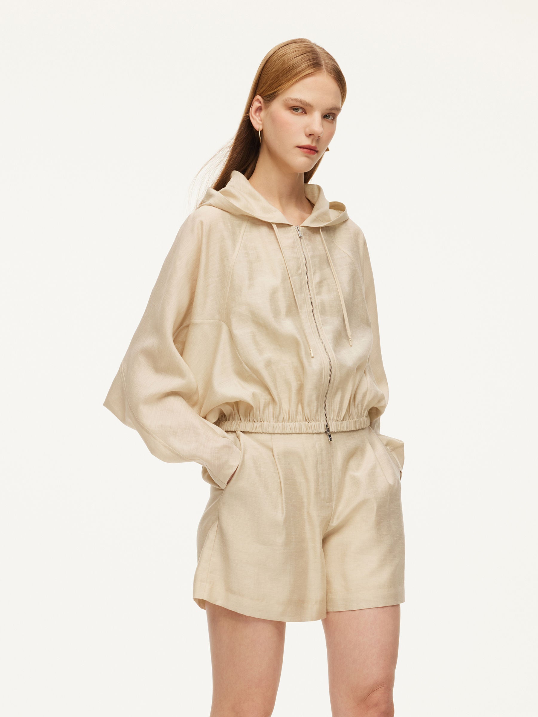 Tencel Acetate Linen Blend Women Zip-Up Hooded Cropped Jacket GOELIA