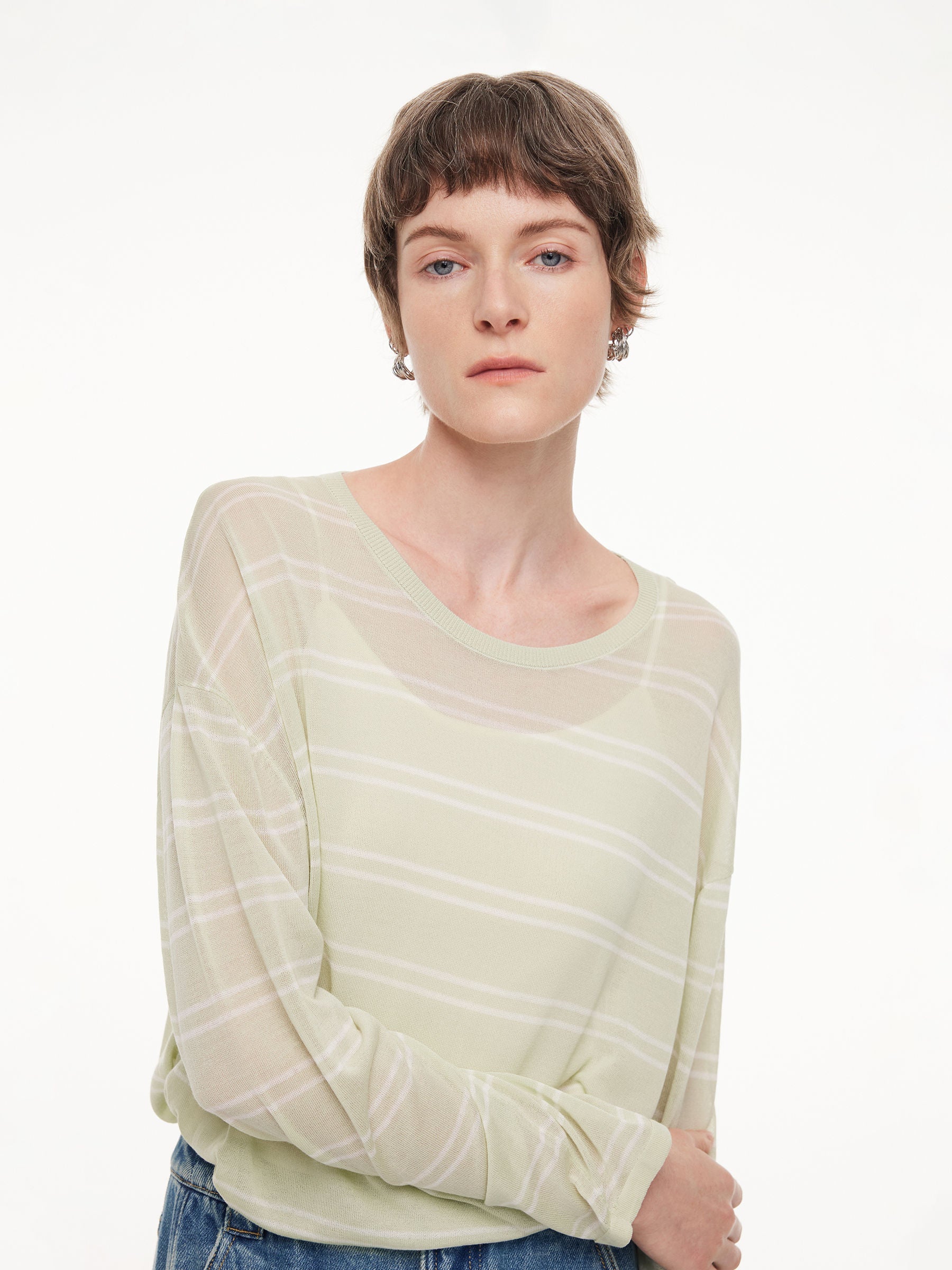 Lyocell Mulberry Silk Blend Stripe Women Knit Top GOELIA