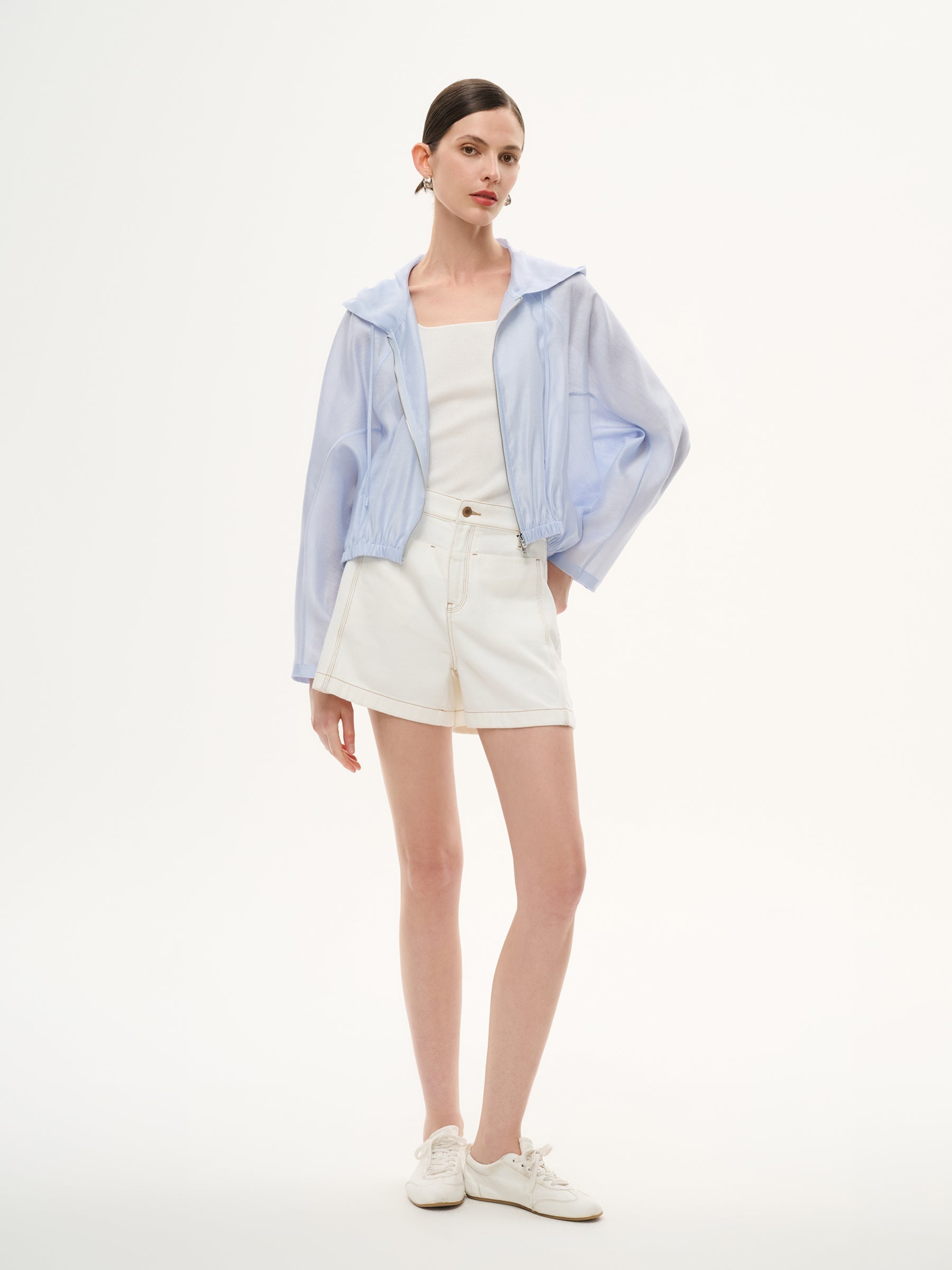 Tencel Acetate Linen Blend Women Zip-Up Hooded Cropped Jacket GOELIA