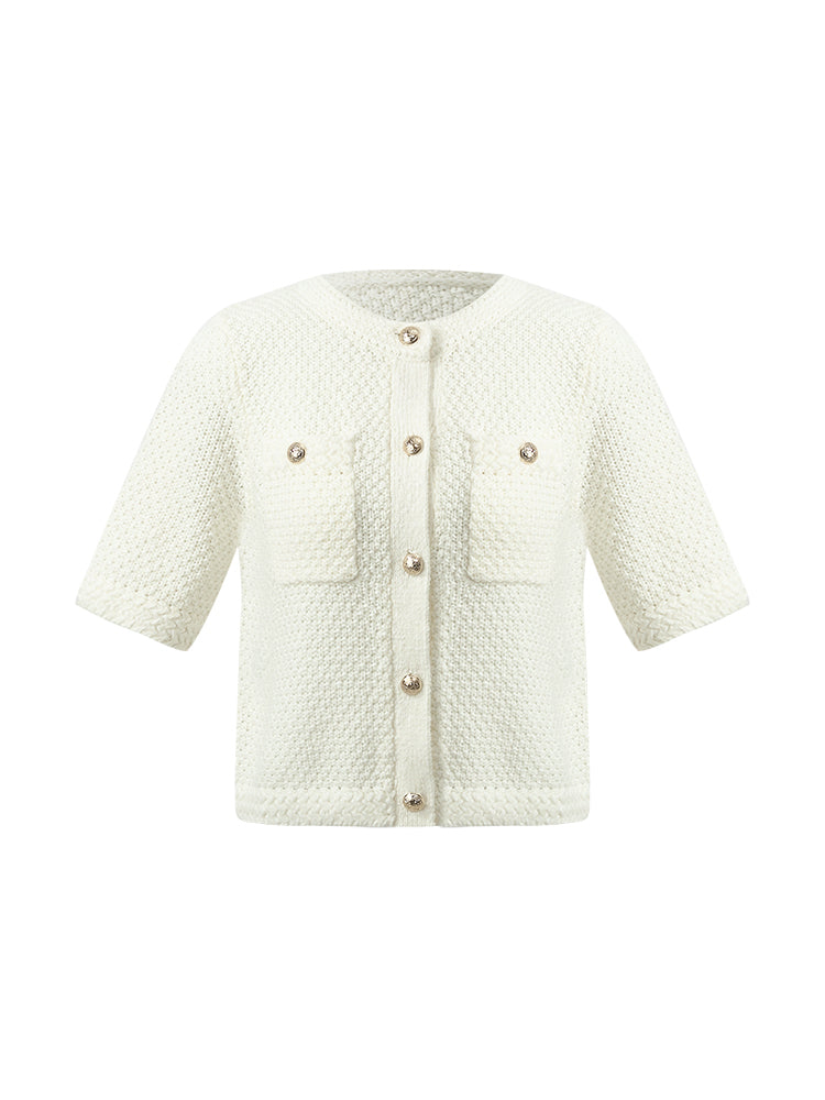 Openwork Round Neck Knitted Women Cardigan GOELIA