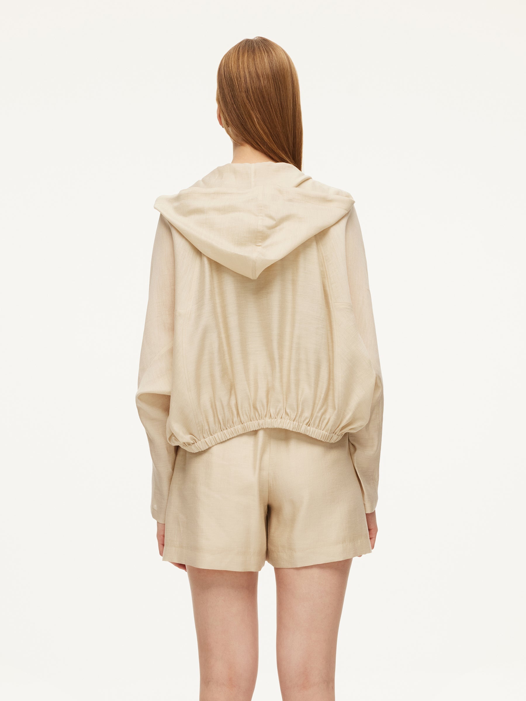 Tencel Acetate Linen Blend Women Zip-Up Hooded Cropped Jacket GOELIA