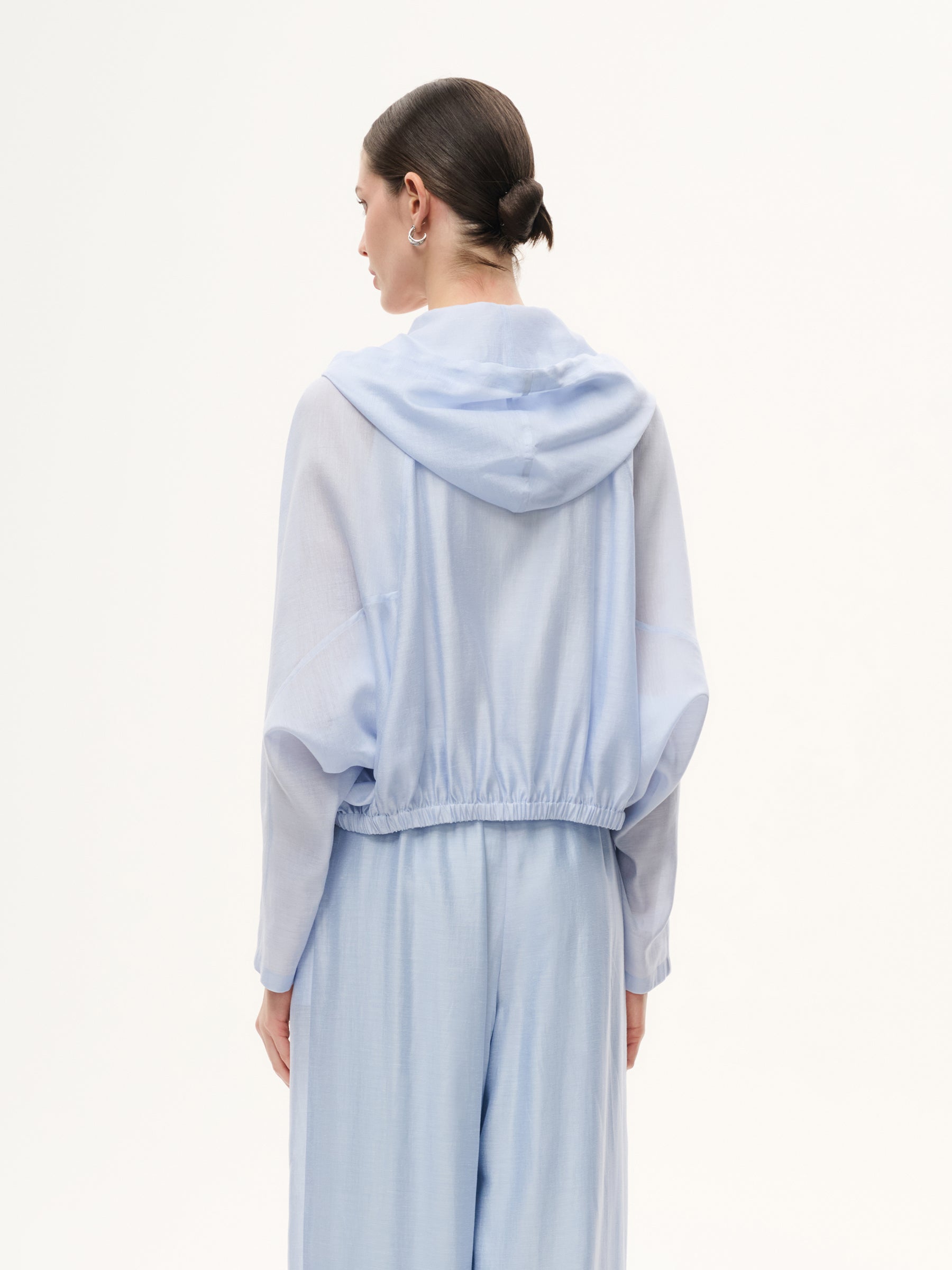 Tencel Acetate Linen Blend Women Zip-Up Hooded Cropped Jacket GOELIA