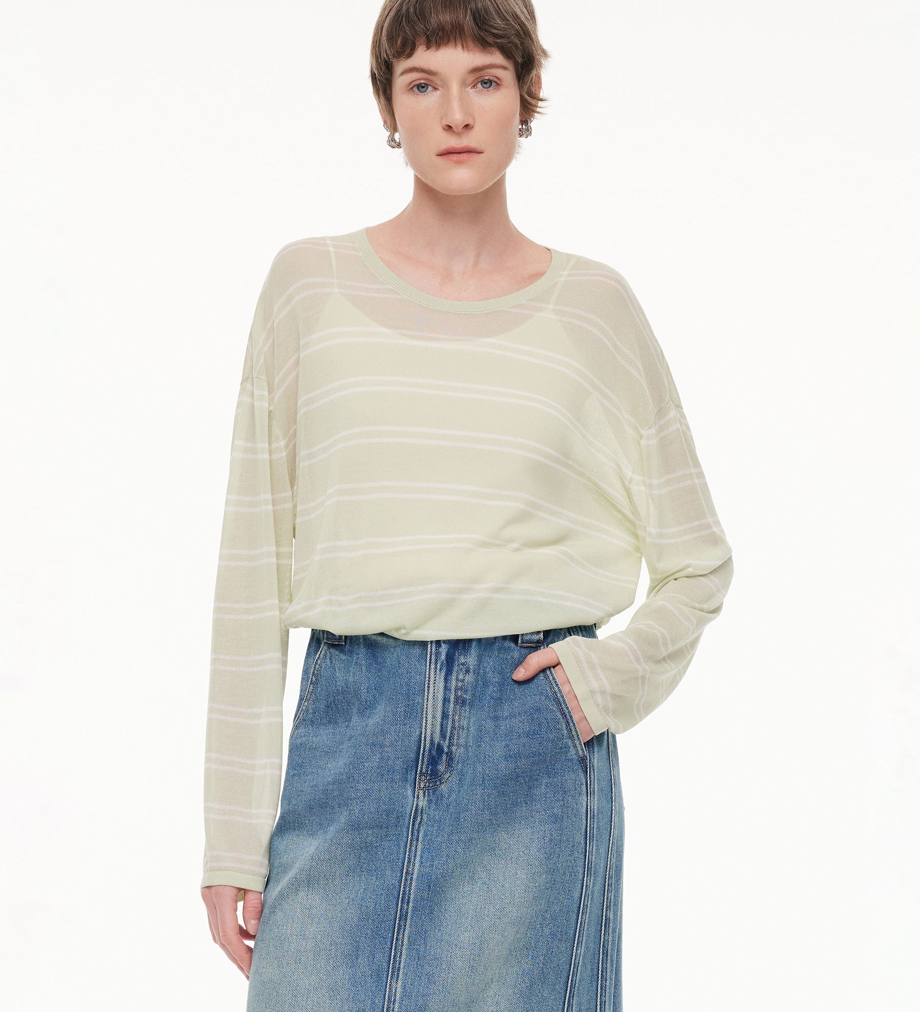 Lyocell Mulberry Silk Blend Stripe Women Knit Top GOELIA