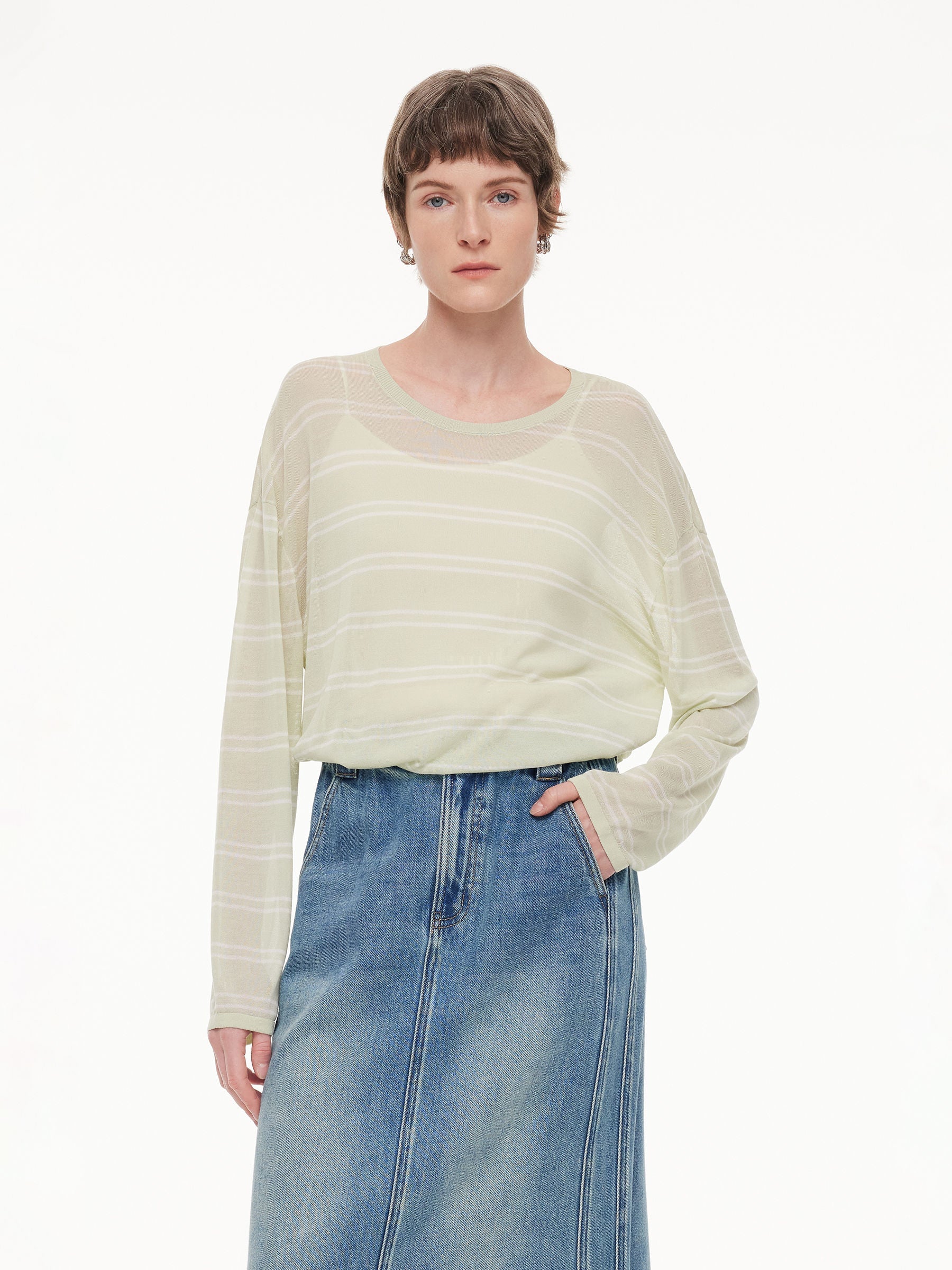 Lyocell Mulberry Silk Blend Stripe Women Knit Top GOELIA