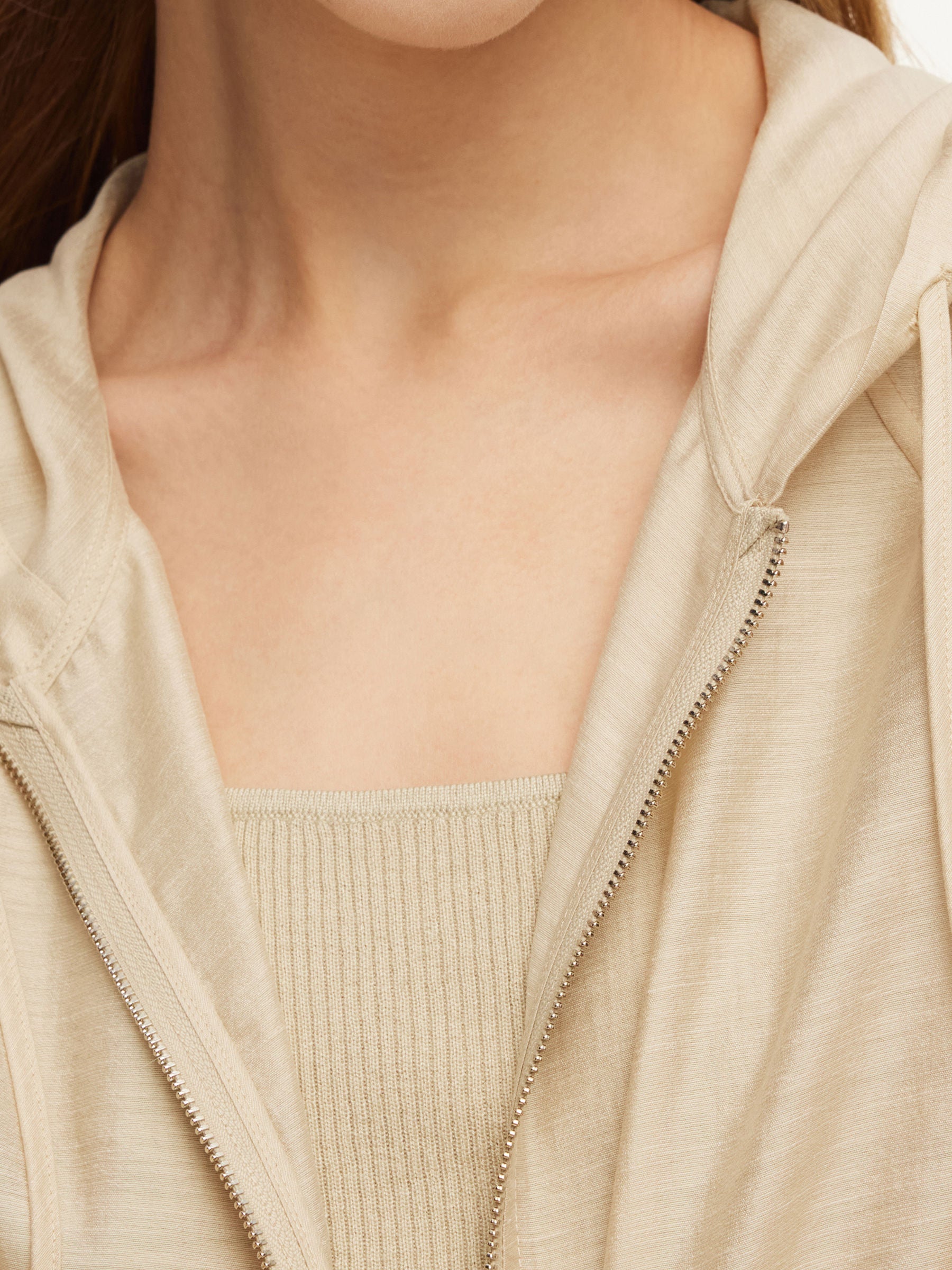 Tencel Acetate Linen Blend Women Zip-Up Hooded Cropped Jacket GOELIA