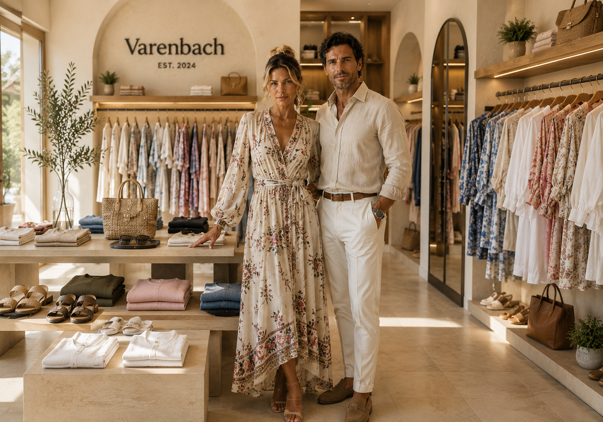 Zwei Personen im Varenbach Store, umgeben von Damenmode und Accessoires