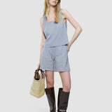 Leinenset steingrau, Oberteil locker geschnitten, Shorts