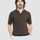 Kurzarm-Polo-Strickpullover mit V-Ausschnitt Dunkelbraun