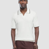 Kurzarm-Strickpoloshirt mit V-Ausschnitt in Weiß